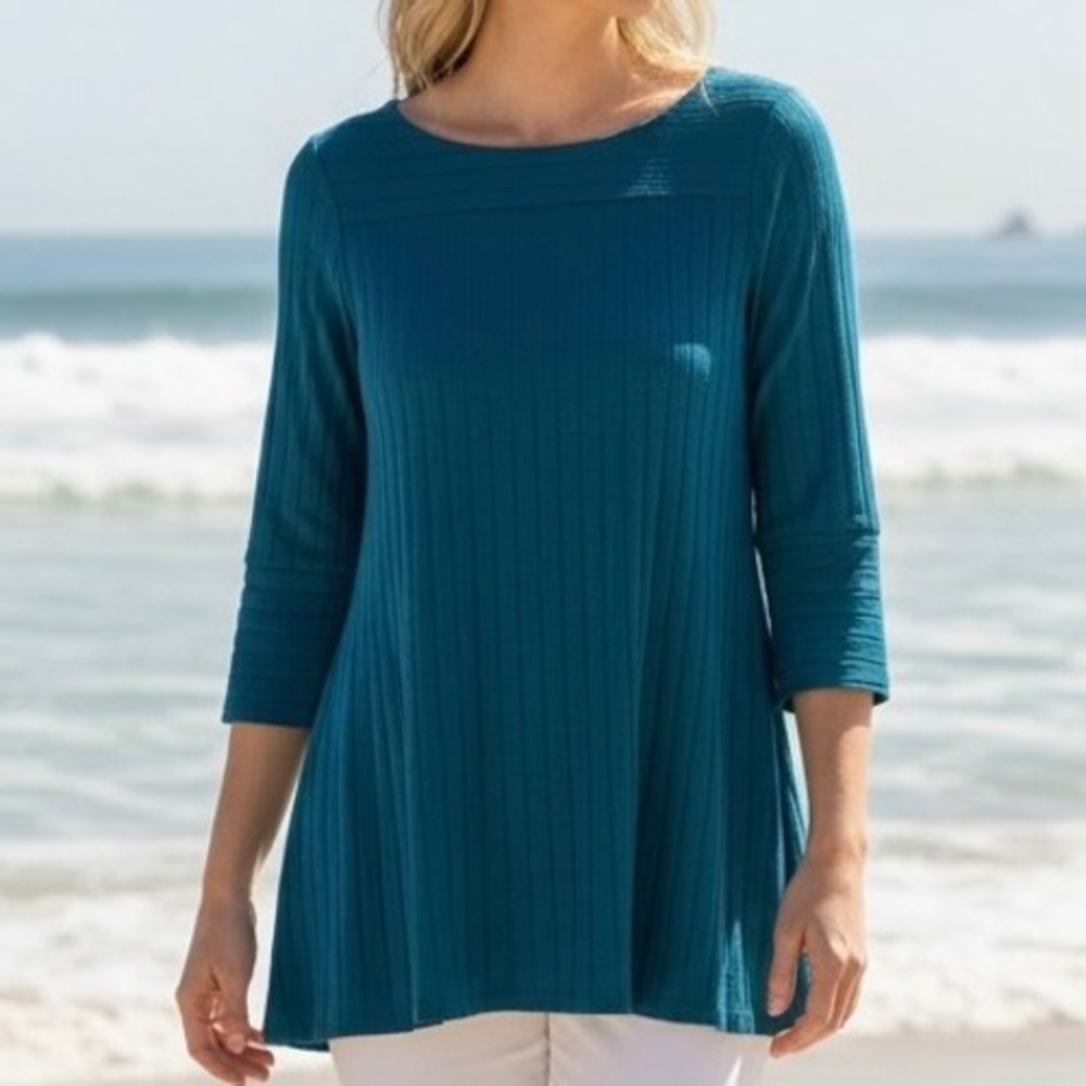 Chicos Teal Blue Ribbed Knit Tunic Top Sz 1/US M Coastal Lagenlook Casual Office